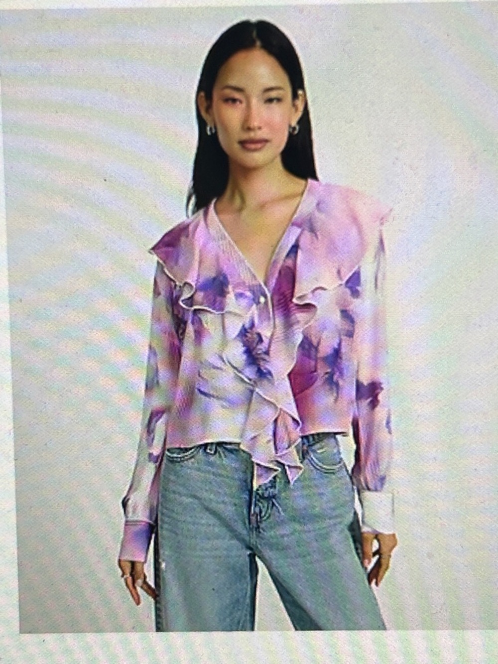 Express Ruffled V-Neck Watercolor Blouse - Purple, Pink, & White New